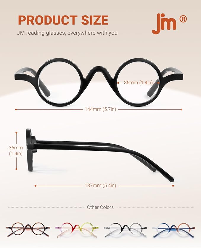 JM 5 Pack Round Reading Glasses for Women Men, Vintage Small Blue Light Blocking Computer Readers with Spring Hinges