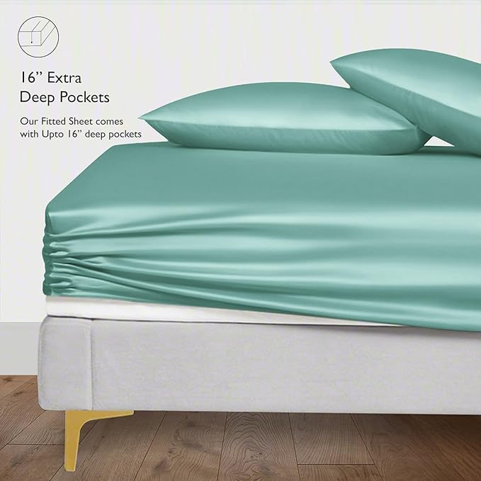 LINENWALAS Fitted Sheet Only Viscose Derived from Bamboo, Bottom Sheet for Twin XL Size Bed – 16” Deep Pocket, All Around Snug Fit – Cooling, Breathable, Soft, Hypoallergenic (Aqua, Twin XL)