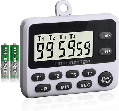 XREXS 4 Channels Digital Kitchen Timer Clock with Large LCD Display, 4 Groups Simultaneous Timing Countdown Up Magnetic Timer(Battery Included)