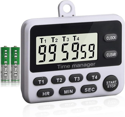 XREXS 4 Channels Digital Kitchen Timer Clock with Large LCD Display, 4 Groups Simultaneous Timing Countdown Up Magnetic Timer(Battery Included)