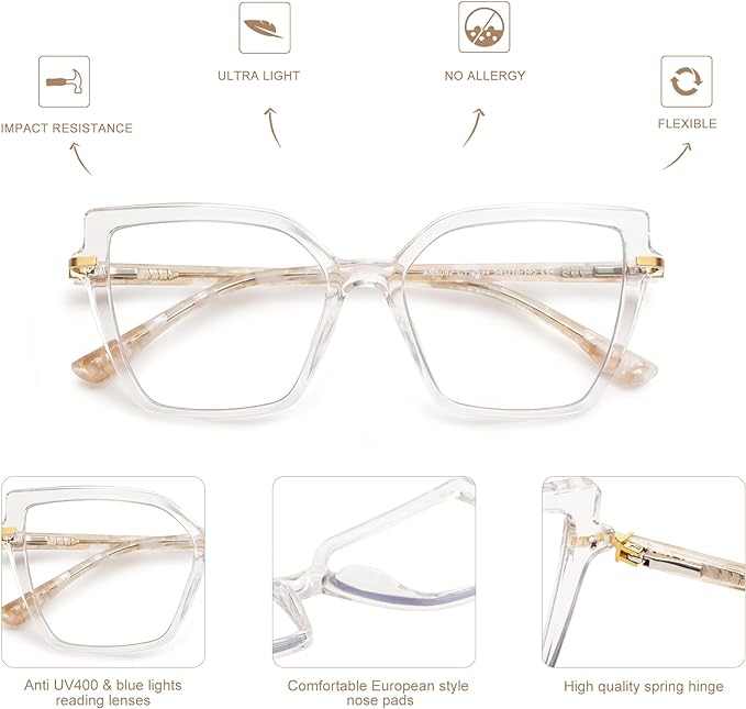 AMOMOMA Trendy Square Blue Light Blocking Reading Glasses for Women Women's Readers Spring Hinge AM6082