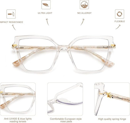 AMOMOMA Trendy Square Blue Light Blocking Reading Glasses for Women Women's Readers Spring Hinge AM6082