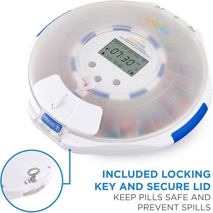 Live Fine Smart WiFi Automatic Pill Dispenser Frosted Lid | 28-Day Medication Organizer Up to 9 Doses Per Day for Care Monitoring with Lock Key, Light/Sound Alarms for Prescriptions & Vitamins