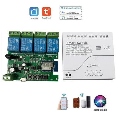 4 Channel Smart WiFi RF Bluetooth Wireless Dry Contact Relay Switch Module,Phone app Remote Control,Compatible with Alexa Google Home (Tuya 4CH 5V AC/DC7-32V)