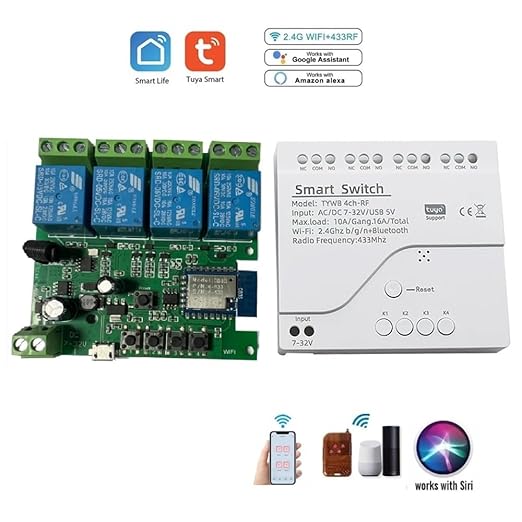 4 Channel Smart WiFi RF Bluetooth Wireless Dry Contact Relay Switch Module,Phone app Remote Control,Compatible with Alexa Google Home (Tuya 4CH 5V AC/DC7-32V)