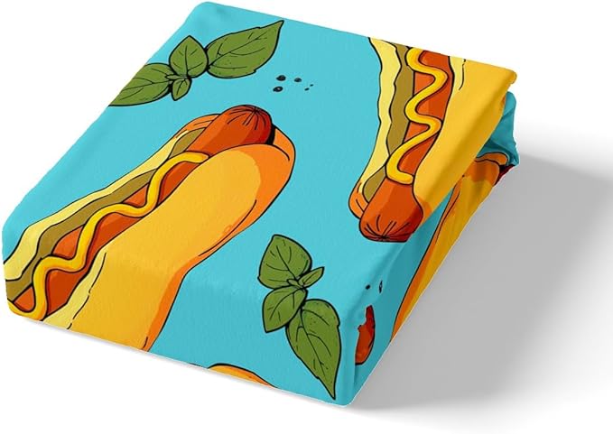 Manfei Fast Food Sheet Set Twin Size, American Cartoon Hot Dog Hamburg Bedding Set for Kids Boys Girls Room Decor, Creative Abstract Bed Sheet Set 3pcs (Fitted Sheet, Flat Sheet, 1 Pillowcase)
