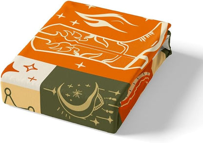 American Western Fitted Sheet Queen Size,Boho Cowboy Boots Hat Bull Skull Gothic Snake Soft Bed Cover(1 Fitted Sheet+1 Pillow Case),Retro Orange Beige Grids Patchwork Mattress Cover