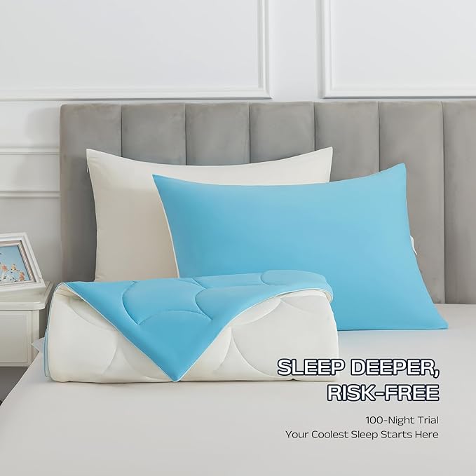 Cooling Blanket for Hot Sleepers - Queen Size Lightweight Breathable Tencel Blend, Double Sided All-Season Comforter, Temperature Regulating & Machine Washable (Blue+White, Queen (90''x90''))