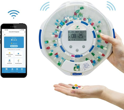 JULOS Smart WiFi Automatic Pill Dispenser w/Sound/Light Alerts for Seniors, Mobile App Remote Monitoring, 28-Day Medication Organizer, Up to 9 Alarms/Day, Lock Key for Supplements & More, Clear Lid
