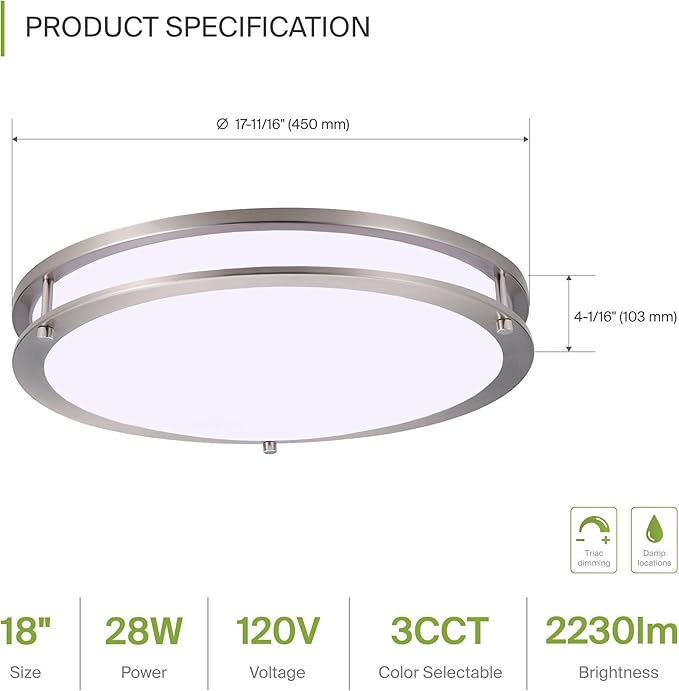 ASD LED 18" Round Flush Mount Lighting, Close to Ceiling Light Fixture | 3CCT, Dimmable, Energy Star, ETL Listed | 28W 2230LM 3000-5000K 120V | Low Profile Double Ring Lamp | Nickel