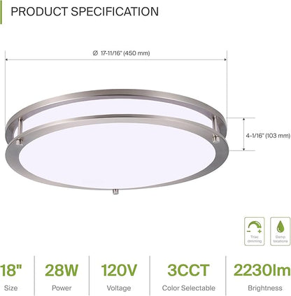 ASD LED 18" Round Flush Mount Lighting, Close to Ceiling Light Fixture | 3CCT, Dimmable, Energy Star, ETL Listed | 28W 2230LM 3000-5000K 120V | Low Profile Double Ring Lamp | Nickel, 2 Pack