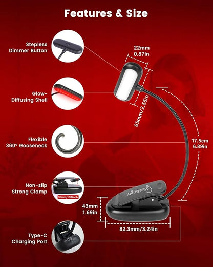 670nm Red Light Book Light LED Rechargeable USB-C Clip On Book Lights for Reading at Night, 100% No Blue-Light Eye Care Book Lamp 360° Flexible, Gift for Kids, Travel, Learning