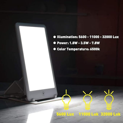 Portable Light Therapy Lamp, 32000 Lux, UV-Free, Adjustable Brightness, Foldable Bracket, White, 27.6 x 12.6cm