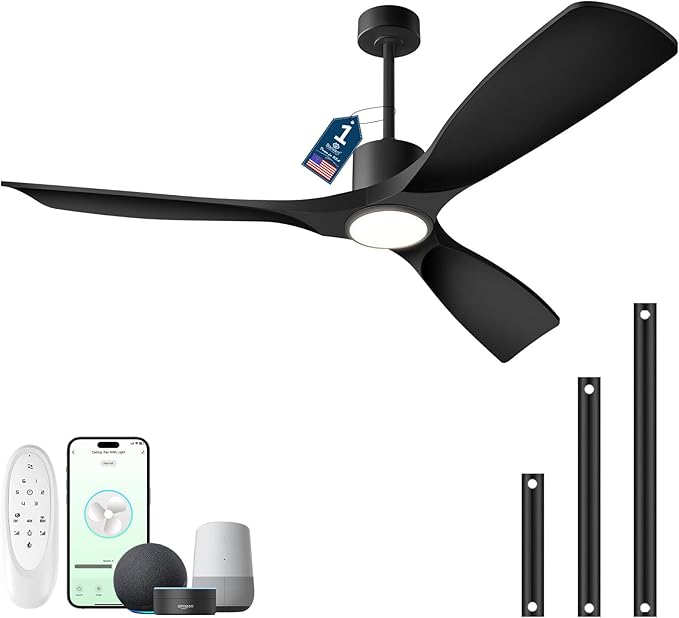 52"Smart Ceiling Fan with Lights,Outdoor Ceiling Fan Work with Alexa/Gg/App/Remote,3-Color Light Dimmable 6-Speed Quiet Reversible for Patio Porch Bedroom,Black