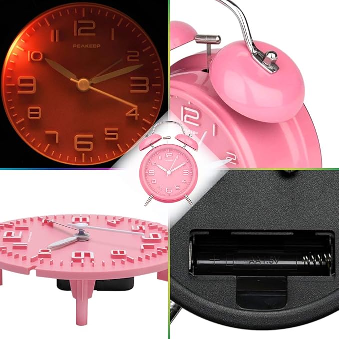 Peakeep 4 Inches Twin Bell Loud Alarm Clock for Heavy Sleepers Kids, Battery Operated Old Fashioned Alarm Clock (3D-Dial, Pink)