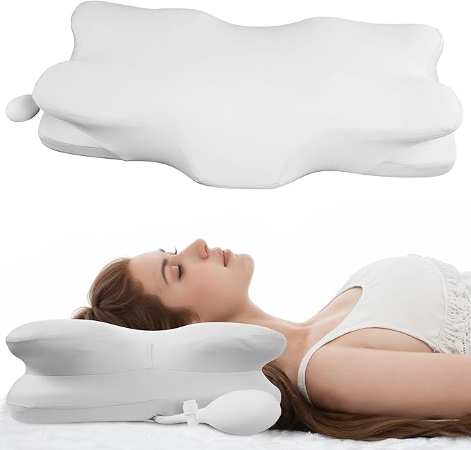 SMDR Adjustable Air Cushion Cervical Neck Pillow, Ergonomic Double-Wing Memory Foam Neck Support Pillow for Pain Relief, Spine Alignment & Posture Correction, Cooling Washable Cover, 3.5"–1.2" Design