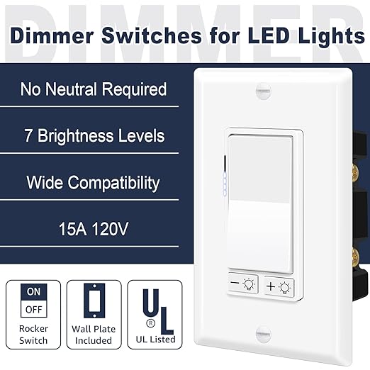 Greencycle 2 Pack Dimmer Light Switch, Single Pole or 3-Way, Compatible with 300W LED/CFL & 600W Incandescent/Halogen, 15A 120V, No Neutral Wire Required, UL Listed, Wall Plate Included, White