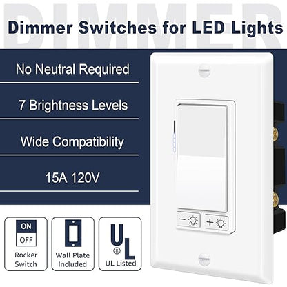 Greencycle 2 Pack Dimmer Light Switch, Single Pole or 3-Way, Compatible with 300W LED/CFL & 600W Incandescent/Halogen, 15A 120V, No Neutral Wire Required, UL Listed, Wall Plate Included, White