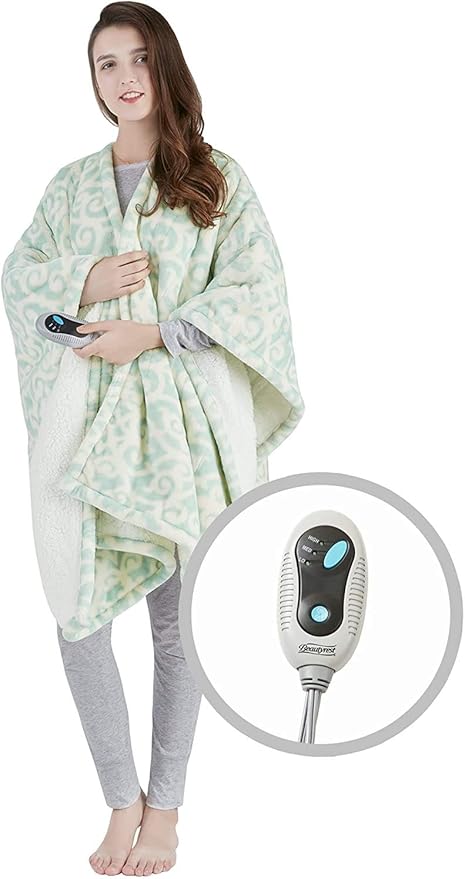 Beautyrest Wearable Electric Poncho Wrap Blanket, Ultra Soft Sherpa & Berber Fleece Heated Throw, Low EMF, UL Certified, 3 Heat Settings & 2hr Auto Shutoff, Gift-Ready, 50" x 64", Dusty Blue Lattice