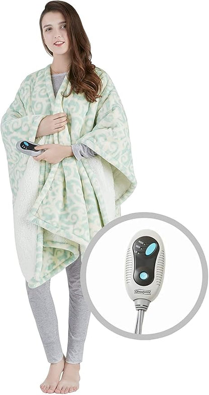 Beautyrest Wearable Electric Poncho Wrap Blanket, Ultra Soft Sherpa & Berber Fleece Heated Throw, Low EMF, UL Certified, 3 Heat Settings & 2hr Auto Shutoff, Gift-Ready, 50" x 64", Dusty Blue Lattice