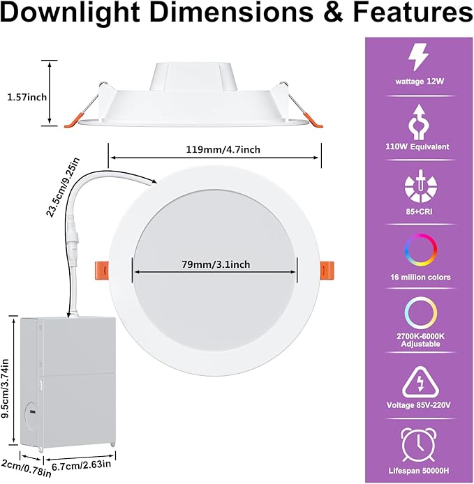 Smart Recessed Lighting 4 Inch RGBCW Color Changing 12W LED Recessed Ceiling Lights with Junction Box,1080LM Canless Downlight Compatible with Alexa,Dimmable by Bluetooth Control (6 Pack)