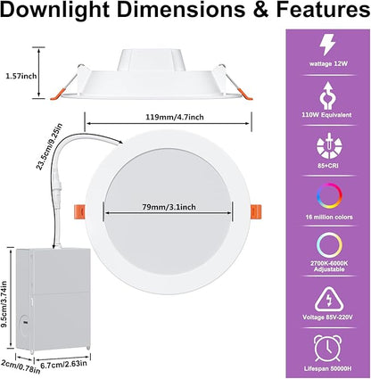 Smart Recessed Lighting 4 Inch RGBCW Color Changing 12W Recessed Ceiling Light with Junction Box,1080LM Canless LED Downlight Compatible with Alexa,Dimmable by Bluetooth Control -12Pack