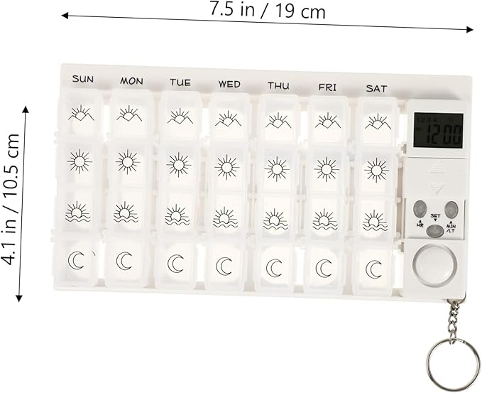 7 Mini Pill Box Travel Alarm Clock Mini Alarm Clock Lock Box for Medication Containers 7 Days Pill Box White Storage Box Dispenser Electronic Medicine Chest Travel Medication