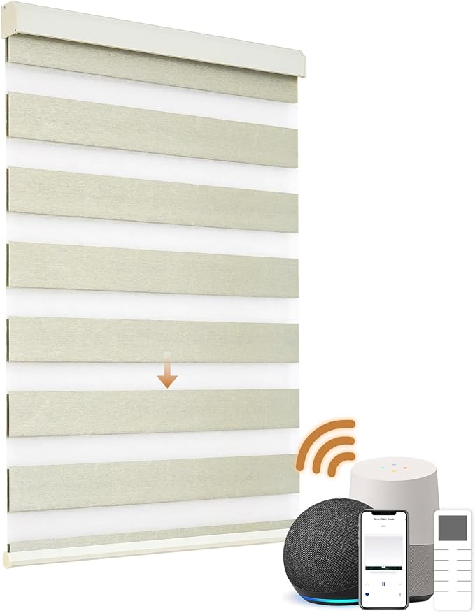 Motorized Zebra Blinds, Cordless Blackout Window Shades with Remote, Custom Dual Layer Smart Roller Shades Compatible with Alexa Google Assistant, Automatic Light Filtering Window Blinds,Beige