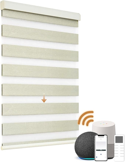 Motorized Zebra Blinds, Cordless Blackout Window Shades with Remote, Custom Dual Layer Smart Roller Shades Compatible with Alexa Google Assistant, Automatic Light Filtering Window Blinds,Beige