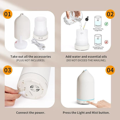 URPOWER 120ML Essential Oil Diffuser Ceramic Aromatherapy Diffuser with 7-Color LED Lights, Auto Shut-Off, 2 Mist Modes, Humidifier for Home Office Decor, Scent Diffuser for Yoga Spa