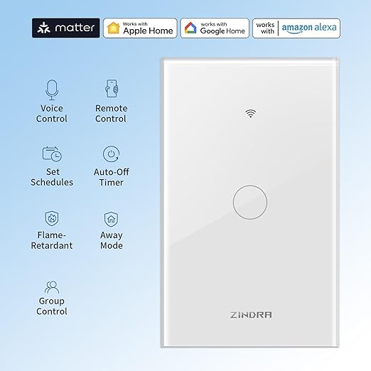 Smart Touch Wall Light Switch with Matter, Tempered-Glass Panel, Neutral Wire Required, Single-Pole, 2.4GHz Wi-Fi, App/Voice Control with Alexa/Google/Apple Home, Timers & Schedules – 1 Gang 120x72mm