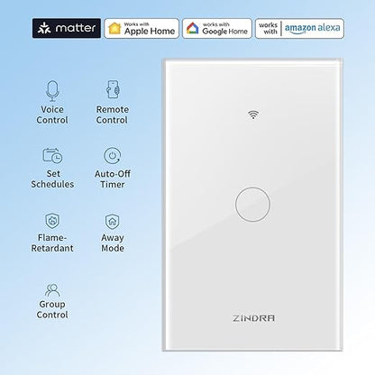 Smart Touch Wall Light Switch with Matter, Tempered-Glass Panel, Neutral Wire Required, Single-Pole, 2.4GHz Wi-Fi, App/Voice Control with Alexa/Google/Apple Home, Timers & Schedules – 1 Gang 120x72mm