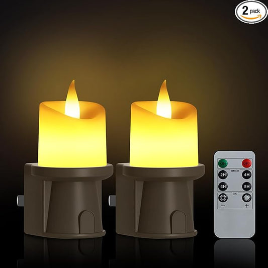 2-in-1 Plug in Night Light (2 Pack) - Dual Mode: Dusk to Dawn Sensor OR Remote Control with Timer - Dimmable Electric Candle Wall Sconce for Farmhouse Decor, Hallway, Bedroom (Bronze)