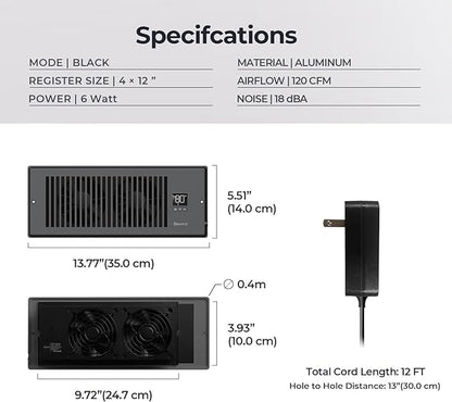 Quiet Register Booster Fan Fits 4" x 12" Register Holes, 10-Speed Smart Heating Cooling AC Vent Fan with Remote Control and Thermostat Control - Black