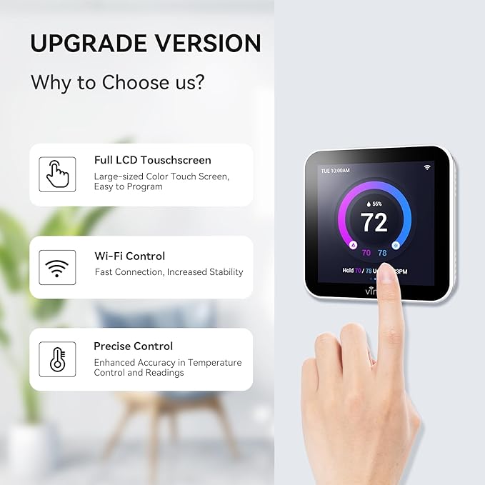 vine Programmable Thermostat for House with 4.0" Touch Screen, WiFi Smart Home Thermostat for AC and Heating, App/Voice Control, Valentine's Day Decorations, C-Wire Required, Grey