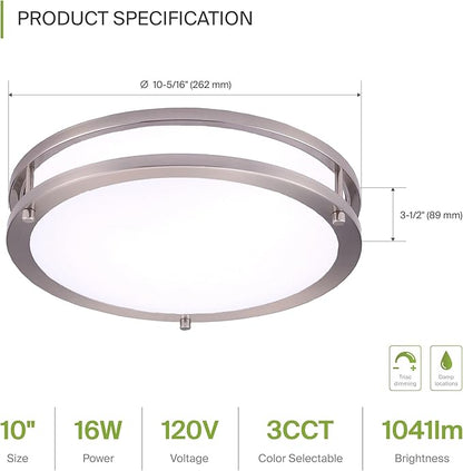 ASD LED 10" Round Flush Mount Lighting, Close to Ceiling Light Fixture | 3CCT, Dimmable, Energy Star, ETL Listed | 16W 1041LM 3000K-5000K 120V | Low Profile Double Ring Lamp | Nickel