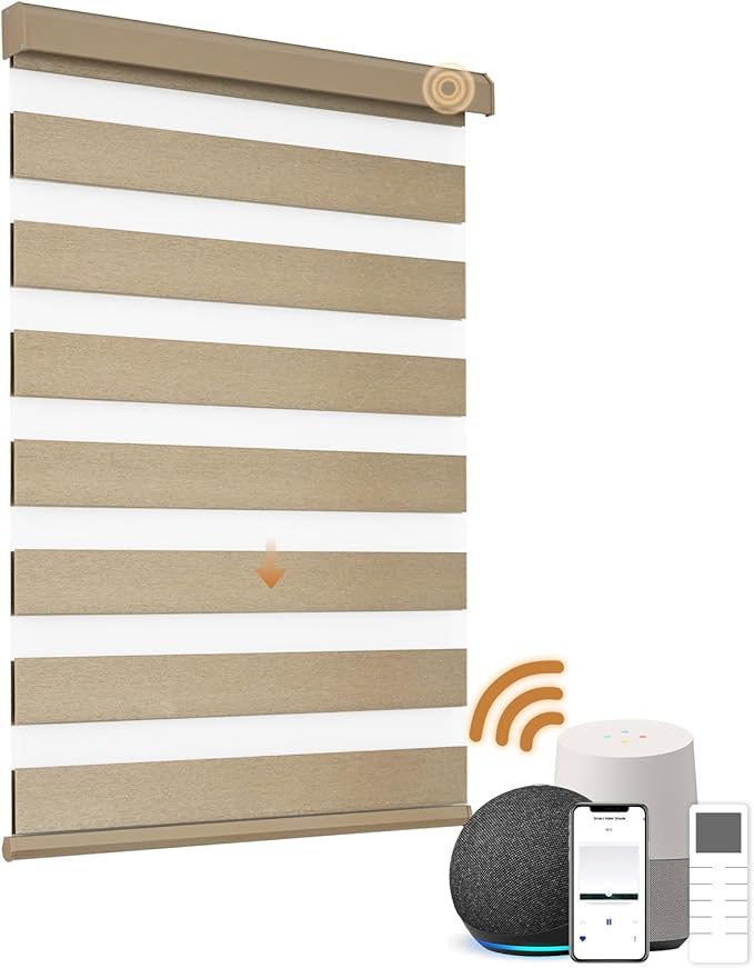 Motorized Zebra Blinds, Cordless Blackout Window Shades with Remote, Custom Dual Layer Smart Roller Shades Compatible with Alexa Google Assistant, Automatic Light Filtering Blinds,Coffee