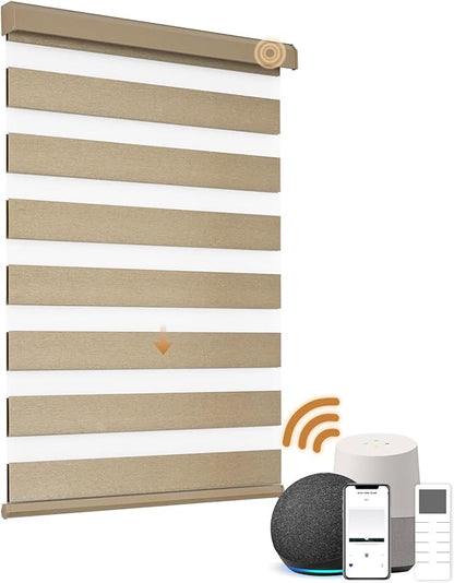 Motorized Zebra Blinds, Cordless Blackout Window Shades with Remote, Custom Dual Layer Smart Roller Shades Compatible with Alexa Google Assistant, Automatic Light Filtering Blinds,Coffee