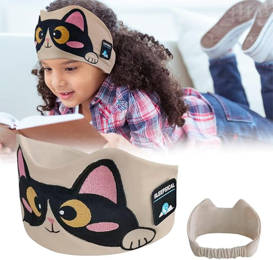 Kids Headband Headphones,Toddler Bluetooth Sleep Mask,Adjustable Wireless Headphones with Wired Playback Type-C Jack Suitable for Study, Travel and Sleep(Beige)