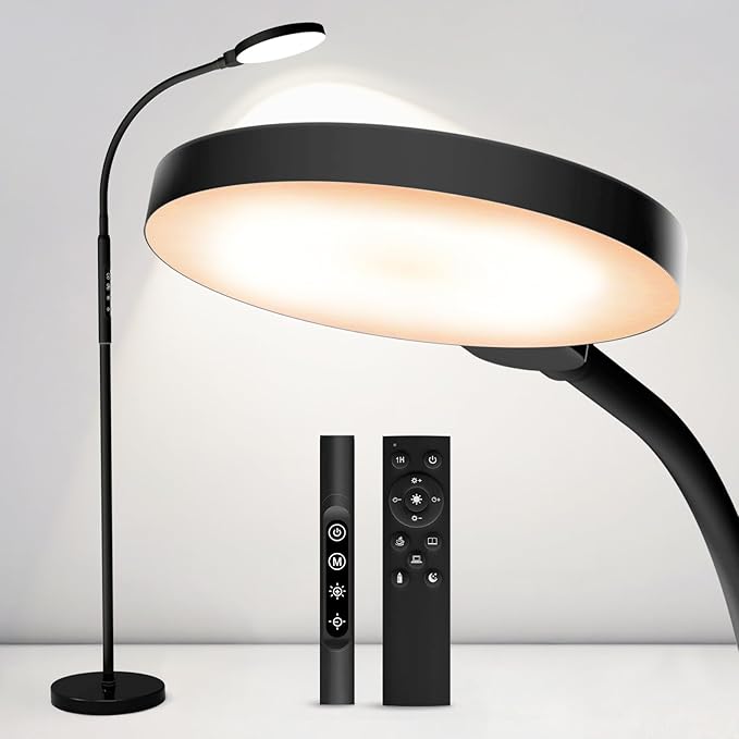Daylight Floor & Desk Lamp – 11,000 Lux UV-Free Full Spectrum Light, 5 Color Temperatures & 10 Brightness Levels, 360° Gooseneck Lamp for Home Office, Bedroom & Reading (Black)
