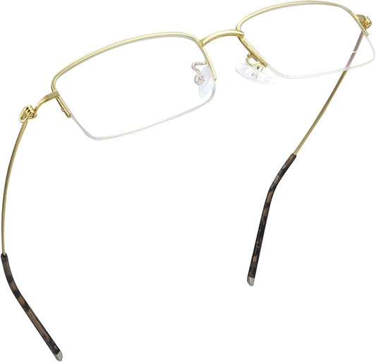 LifeArt Alloy Semi-Rimless Reading Glasses,Blue Light Blocking Glasses, Anti Eyestrain, Computer Gaming Glasses, TV Glasses for Women Men, Anti Glare (Golden, +1.75 Magnification)