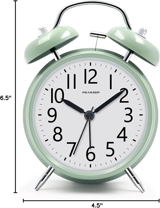 Peakeep Loud Battery Alarm Clock for Heavy Sleepers Adults Kids, Analog 4.5" Twin Bell Old School Fashioned Style for Bedrooms Living Room Decor (Avocado Green)