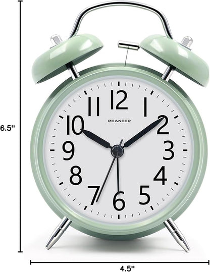 Peakeep Loud Battery Alarm Clock for Heavy Sleepers Adults Kids, Analog 4.5" Twin Bell Old School Fashioned Style for Bedrooms Living Room Decor (Avocado Green)