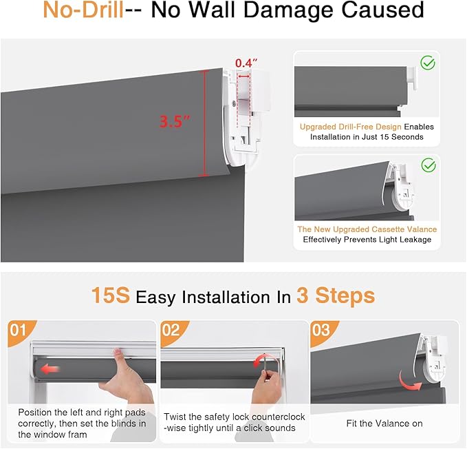 AOSKY No Drill Cordless Blackout Roller Shades with Valance,Customize Blinds for Indoor Windows,Room Darkening Window Shades Pull Down with Free-Stop Spring System, UV Protection for Home Grey