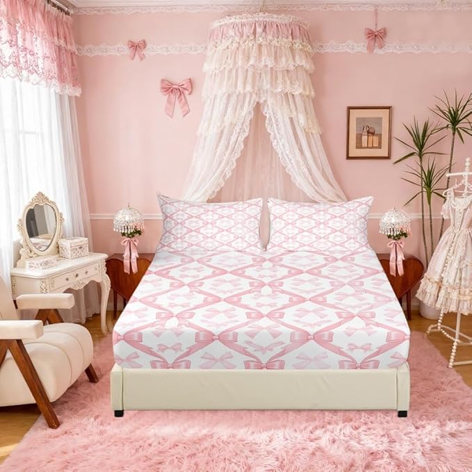 Pink Bowknots Fitted Sheet Queen Size,Kawaii Bow-tie Patchwork Dreamy Soft Bed Cover(1 Fitted Sheet+1 Pillow Case),Princess Fairy Tale Theme Girlish Grids Breathable Mattress Cover(No Flat Sheet)