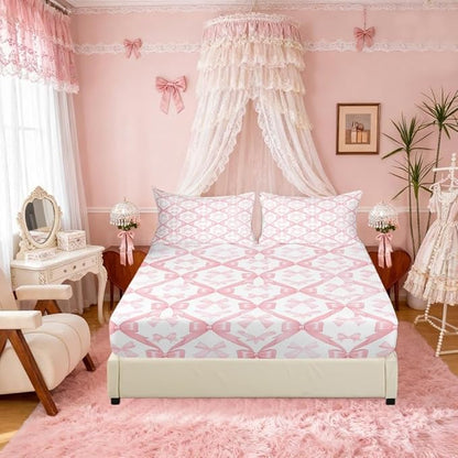 Pink Bowknots Fitted Sheet(No Flat Sheet),Kawaii Bow-tie Patchwork Dreamy Soft Decorative Fabric Bedding Princess Fairy Tale Theme Girlish Grids Pocket Twin Size with 1 Pillowcase