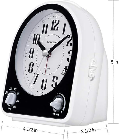 Peakeep Analog Alarm Clock Non-Ticking Silent, Optional 7 Wake-up Sounds with Volume Control, Nightlight and Snooze, AA Battery Operated (Black)