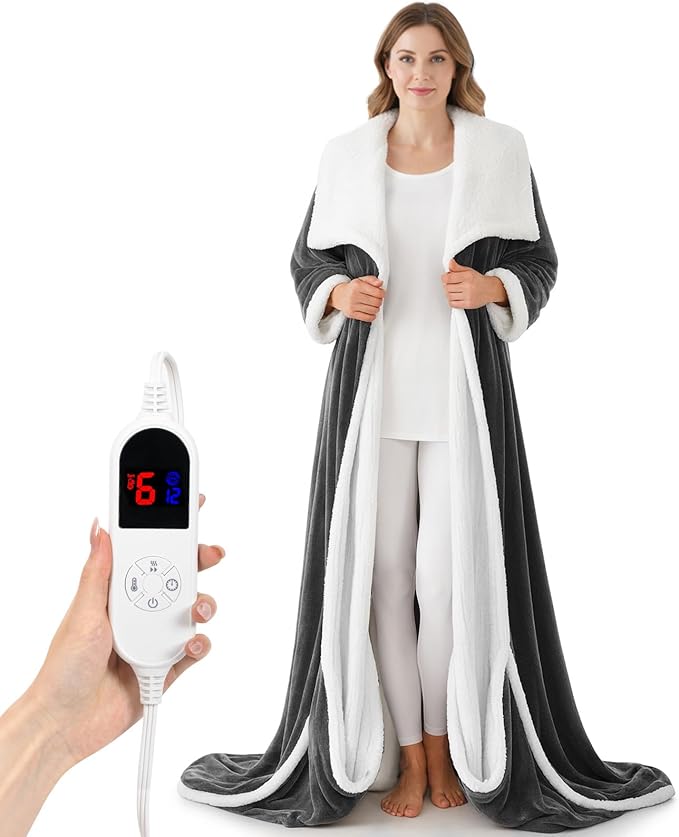 Wearable Heated Blanket with Foot Pocket, 52"x72" Electric Blanket with Sleeves for 12 Hours Timer, 6 Heat Settings, Flannel & Sherpa, Black