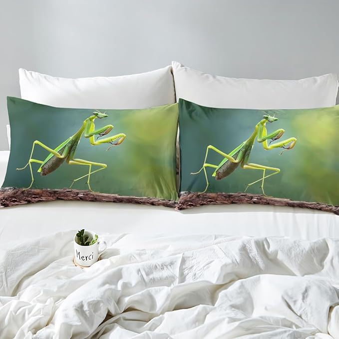 Manfei Mantis Kids Sheet Set Full Size, Natural Wildlife Bedding Set for Boys Teens Adults Room Decor, Malaysia Green Praying Mantis Bed Sheet Set 4pcs (Fitted Sheet, Flat Sheet, 2 Pillowcases)