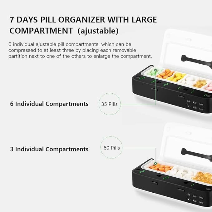 VODESON Weekly (7days) Travel Pill Organizer,Smart Remind Pill Box with Alarm,Medicine Dispenser Portable Travel Pill Case for Vitamins/Fish Oil/Supplements/Pills Home Pill Reminder